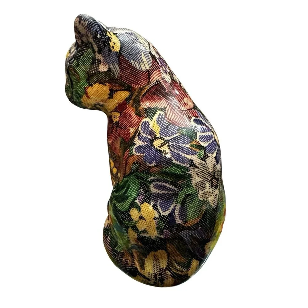 Vintage Decoupage Ceramic Cat Figurine Floral Patchwork Design 7”